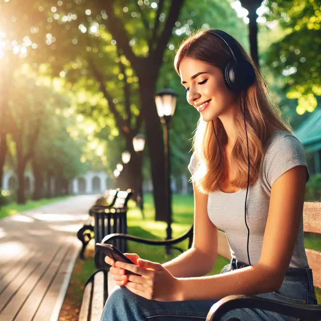 słuchawki do 200 zł do muzyki na uszach kobiety siedzącej na ławce w parku