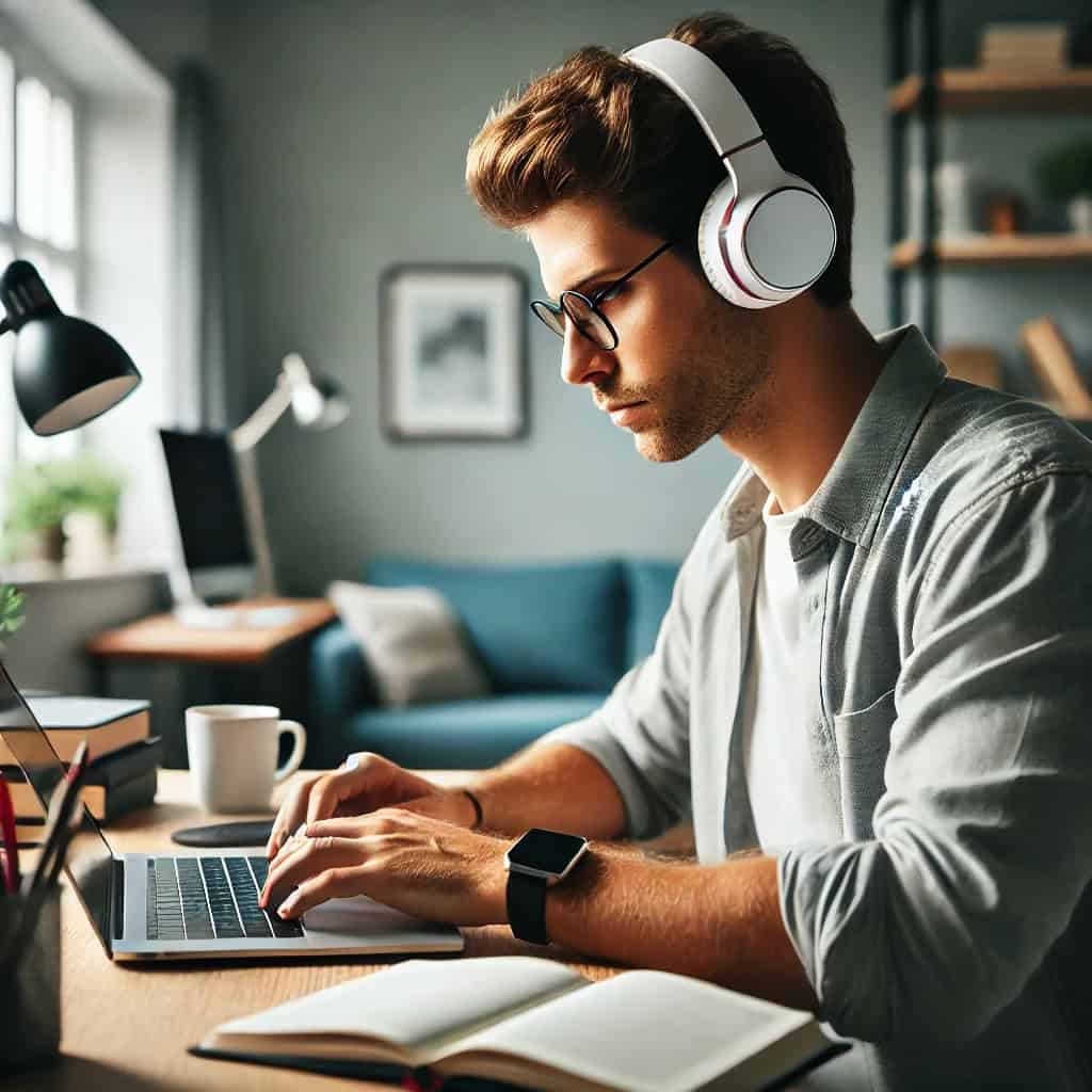 słuchawki do 200 zł nauszne na głowie mężczyzny pracującego na laptopie