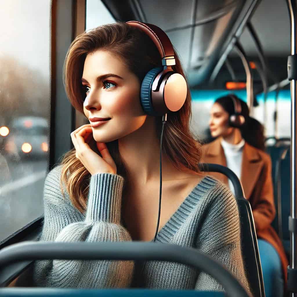 słuchawki do 200 zł przewodowe na uszach kobiety jadącej autobusem