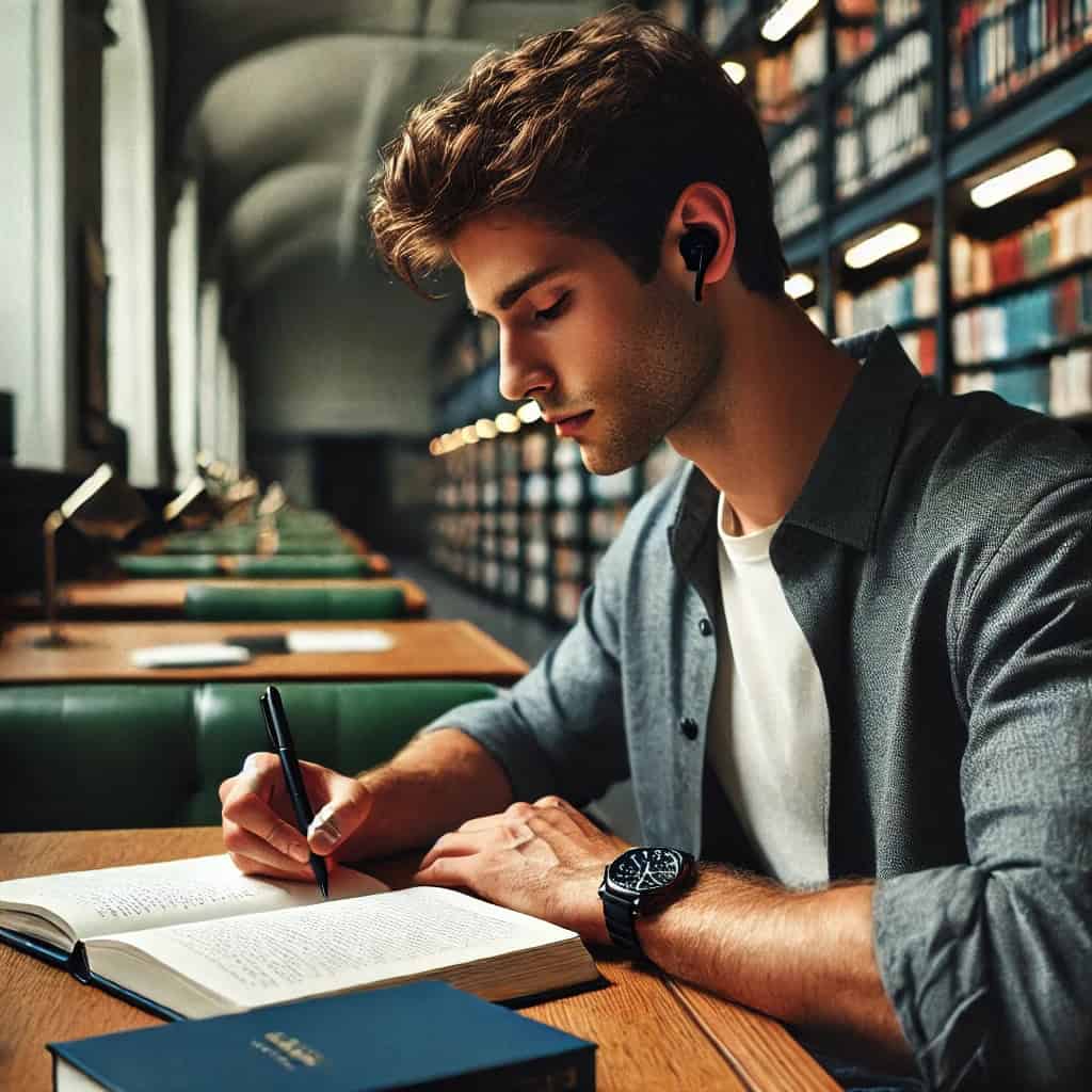 słuchawki do 300 zł douszne w uszach mężczyzny uczącego się w bibliotece