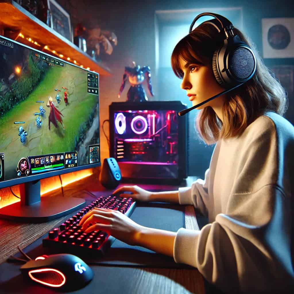 słuchawki do League of Legends na głowie kobiety grającej w grę