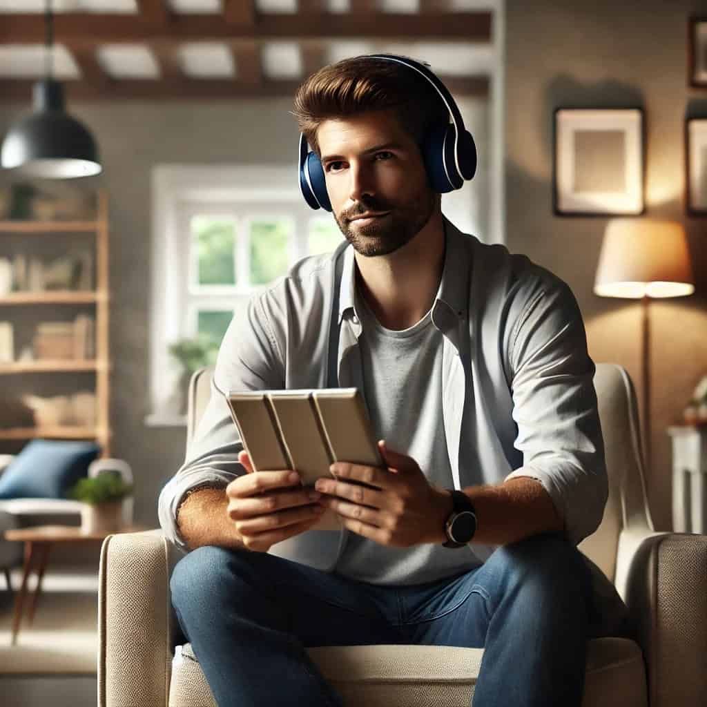 słuchawki do audiobooków ranking - przykładowy model na głowie mężczyzny siedzącego w fotelu