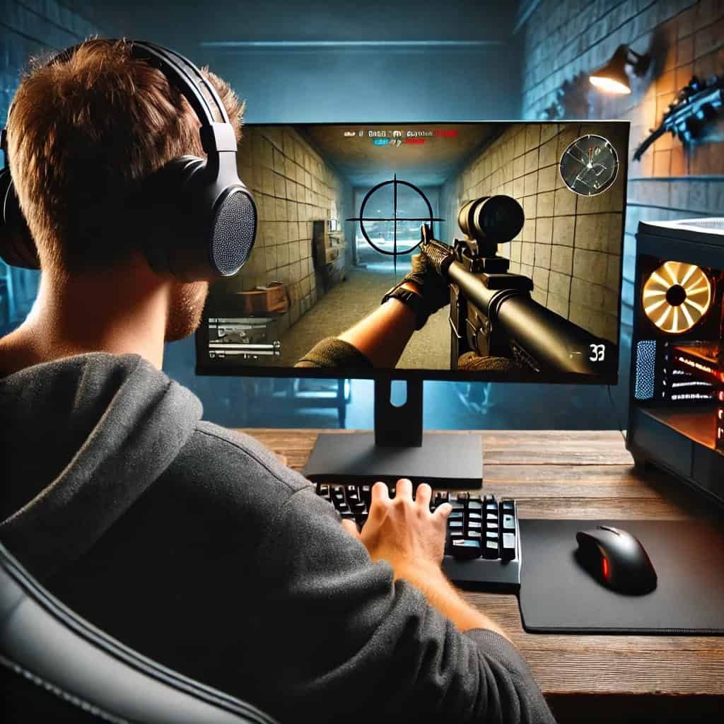 słuchawki do fps na głowie mężczyzny grające w grę na komputerze