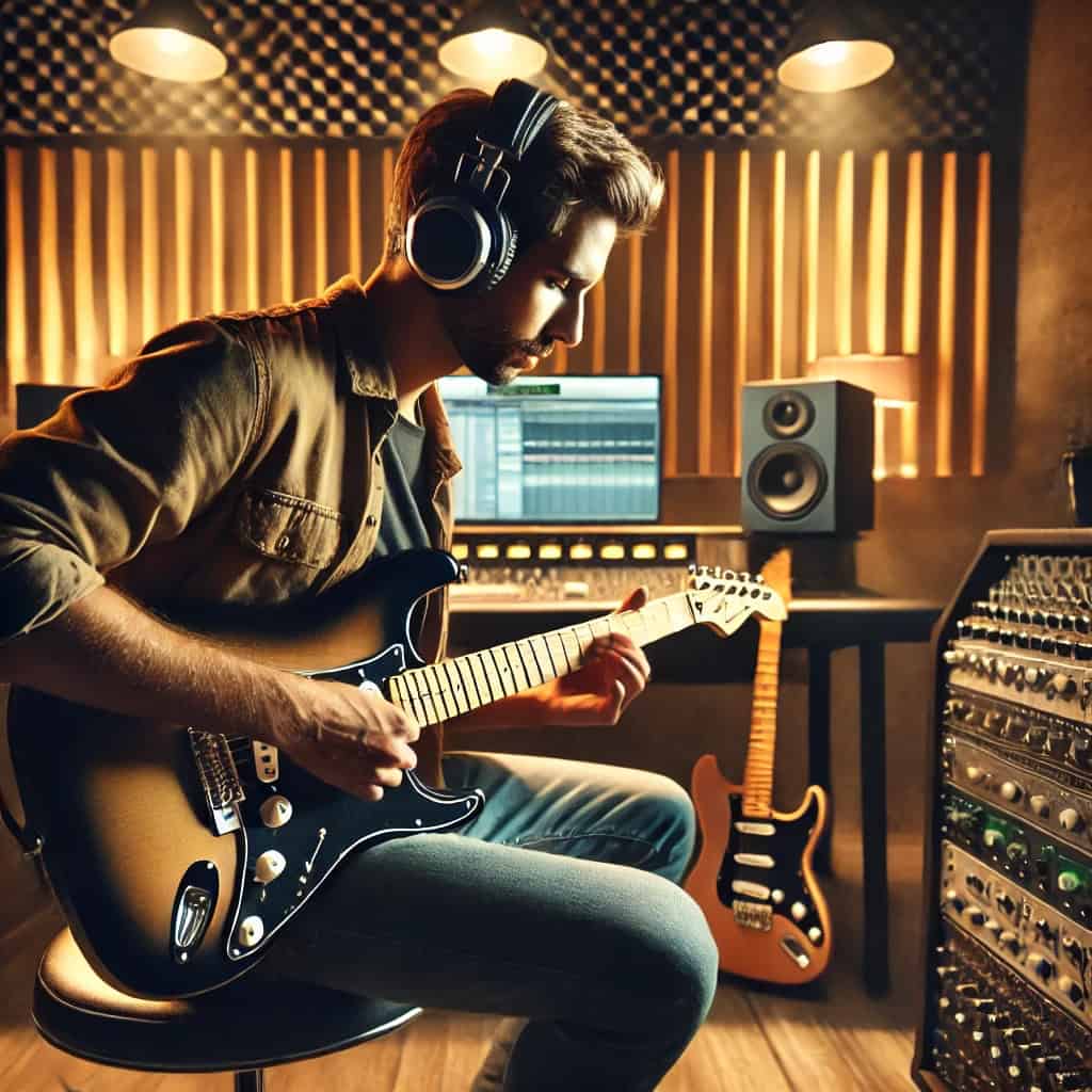 słuchawki do gitary elektrycznej ranking - przykładowy model na uszach mężczyzny w studio
