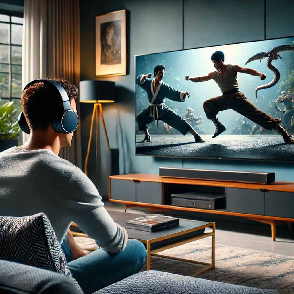 słuchawki do kina domowego 5.1 na głowie mężczyzny, który siedzi na sofie oglądając film karate