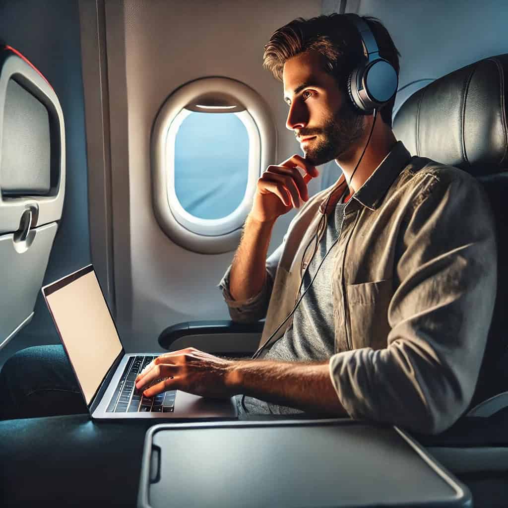 słuchawki do komputera na usb na uszach mężczyzny, który ogląda film na laptopie w samolocie