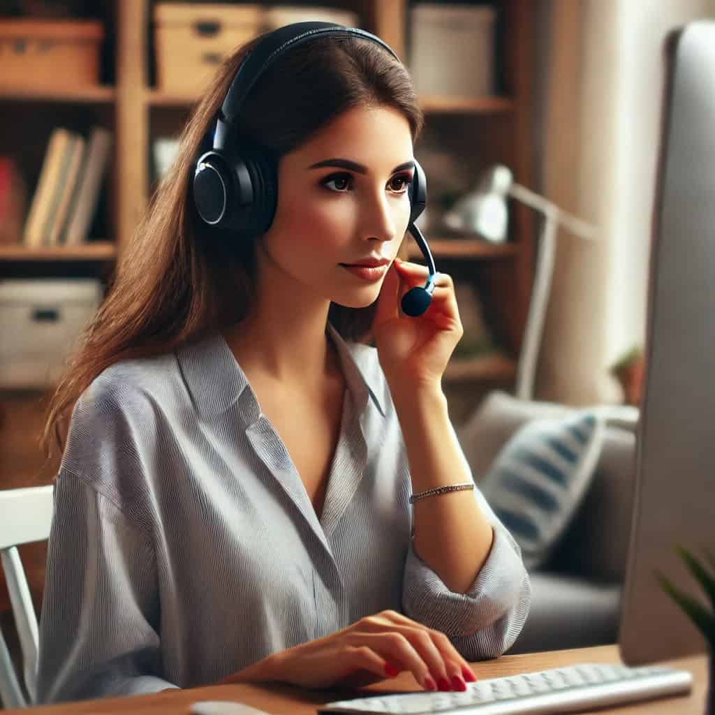 słuchawki do komputera z mikrofonem - przykładowy model na głowie kobiety pracującej na PC