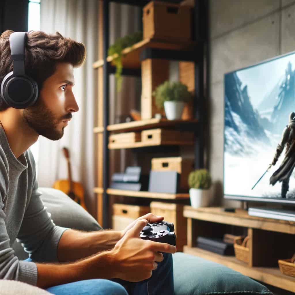 słuchawki do konsoli ps3 na głowie mężczyzny grającego w grę