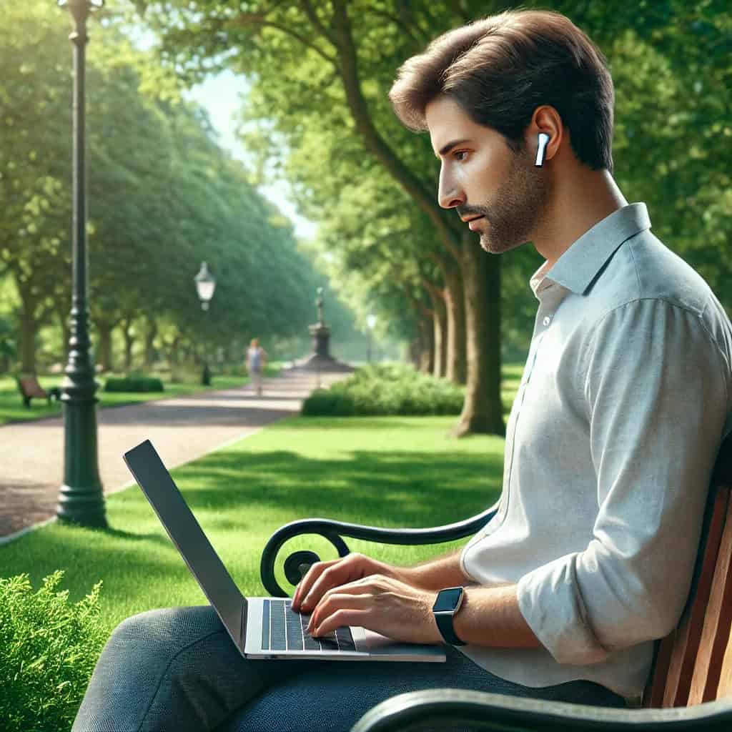 słuchawki do laptopa bezprzewodowe w uszach mężczyzny siedzącego na ławce w parku z laptopem na kolanach