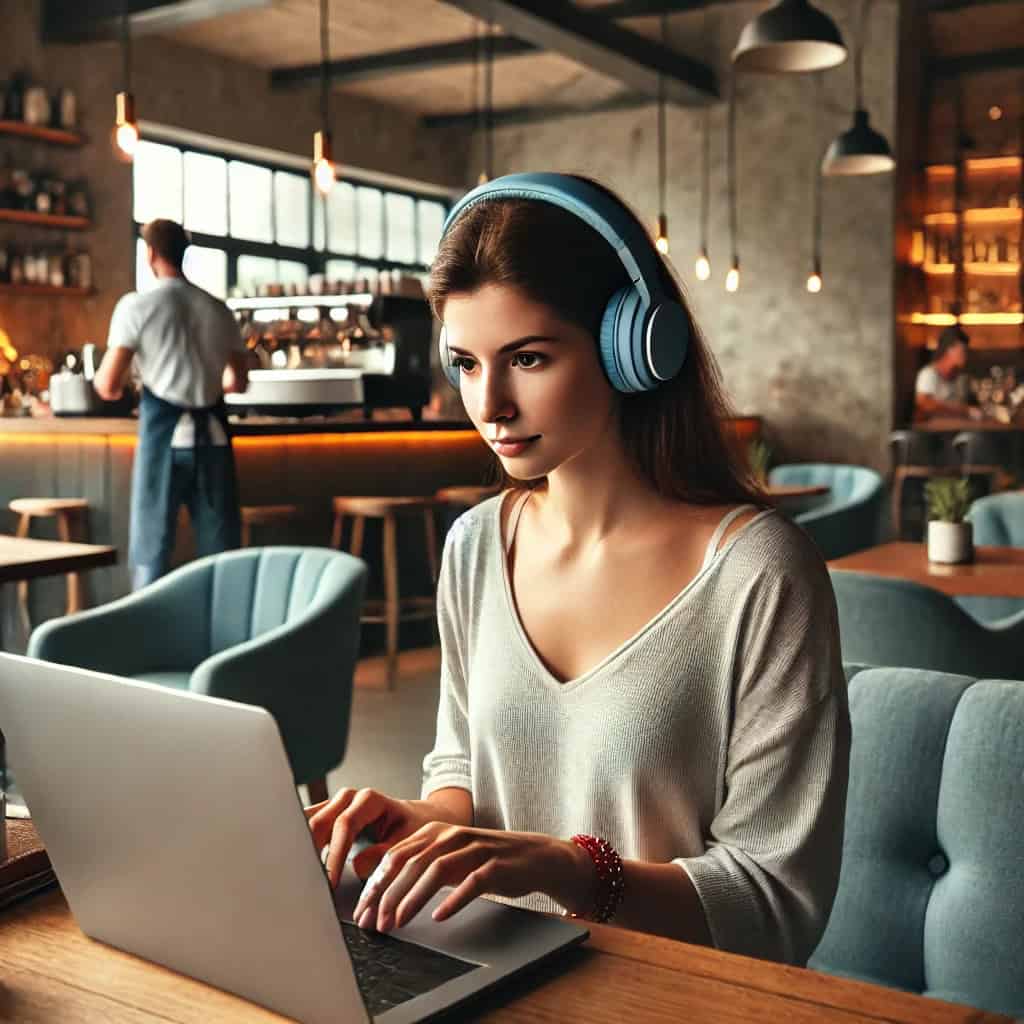 słuchawki do laptopa ranking - przykładowy model na głowie kobiety siedzącej przed laptopem w kawiarni