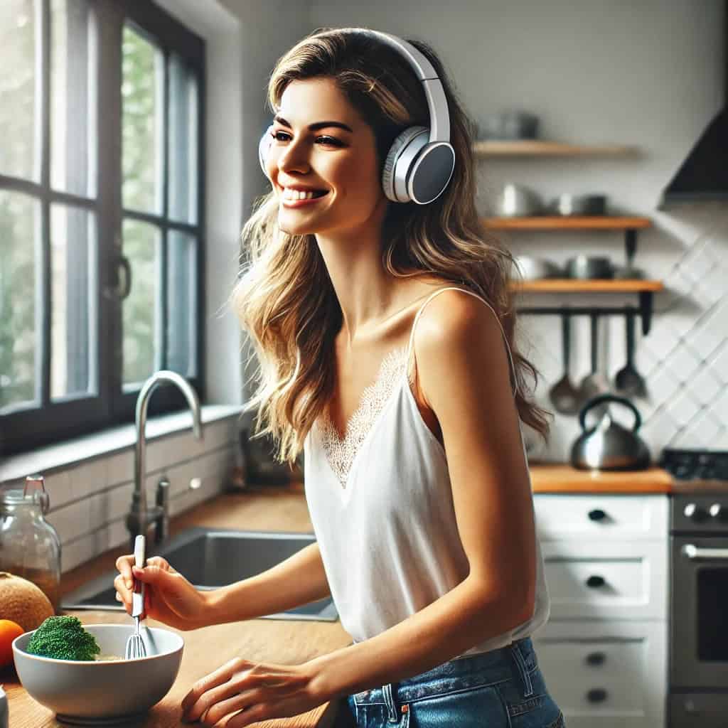 słuchawki do muzyki do 200 zł na głowie kobiety gotującej w kuchni