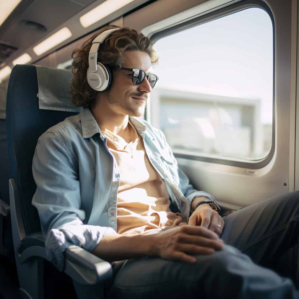 słuchawki do muzyki z redukcją szumów na głowie mężczyzny w pociagu
