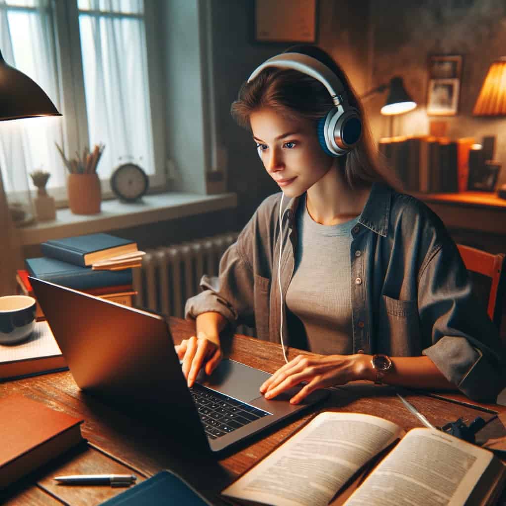 sluchawki do nauki jezyka angielskiego - studentka pracująca wieczorem przy biurku na laptopie
