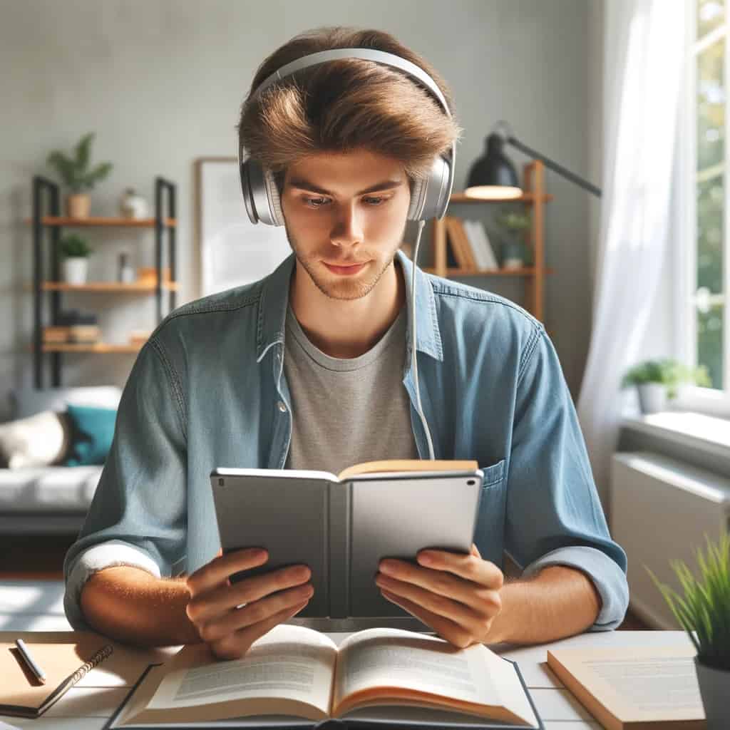 sluchawki do nauki zdalnej - uczeń czytający ebook