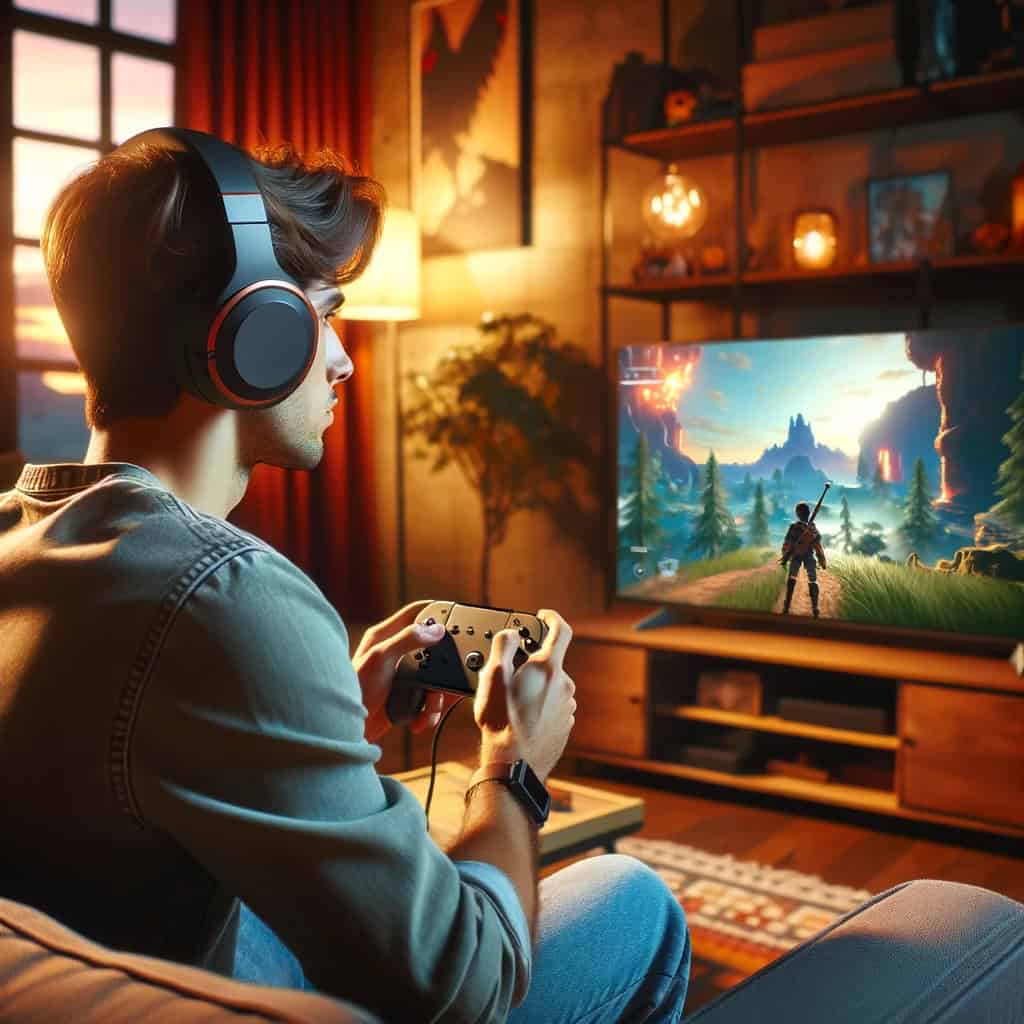 uchawki do nintendo switch ranking - przykładowy model na głowie mężczyzny grającego na konsoli