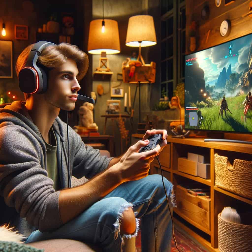 słuchawki do nintendo switch na głowie mężczyzny z padem grającego w grę
