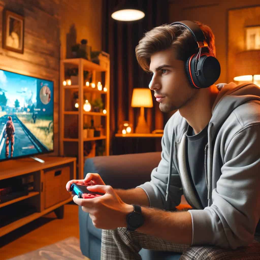 słuchawki do nintendo na głowie gracza grającego na konsoli
