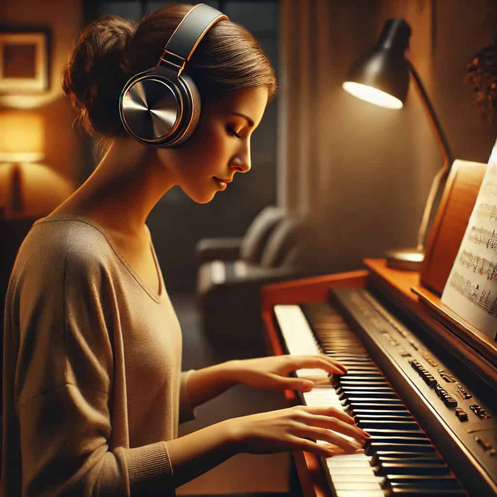słuchawki do pianina bezprzewodowe na głowie pianistki w domowym studio