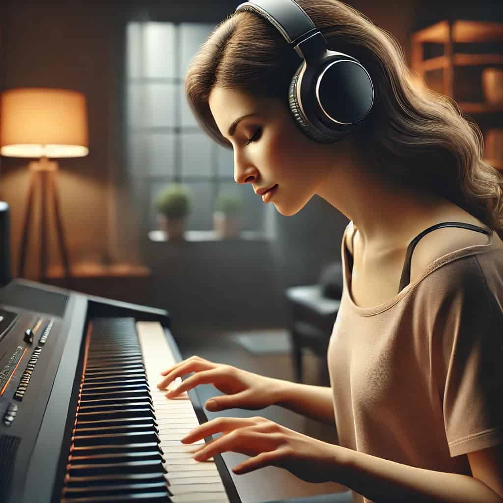 słuchawki do pianina cyfrowego na głowie pianistki grającej w domu