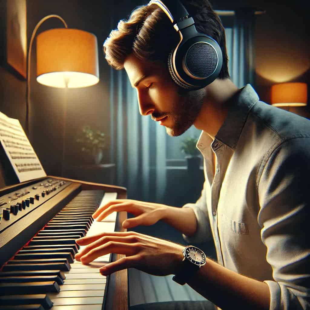 słuchawki do pianina elektronicznego na głowie pianisty grającego w domu