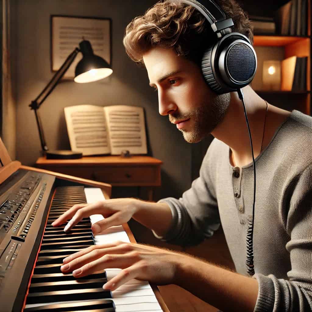 słuchawki do pianina przewodowe na głowie pianisty w studiu nagrań