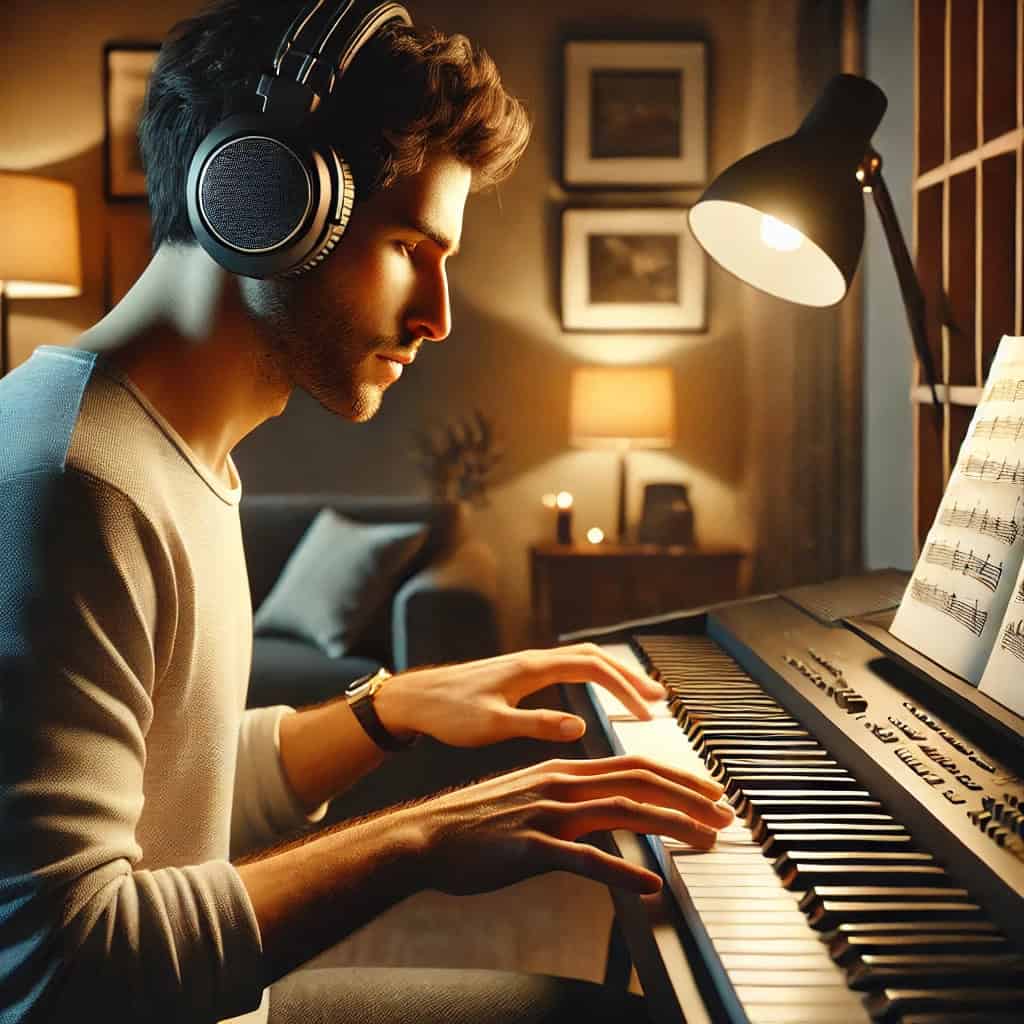 słuchawki do pianina yamaha na głowie pianisty podczas próby