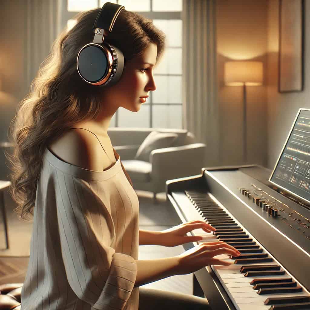 słuchawki do pianina na głowie kobiety grającej w salonie