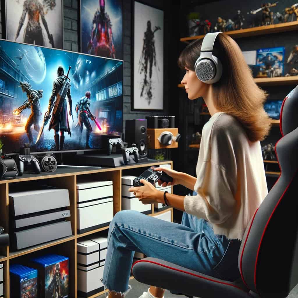 słuchawki do playstation ranking - przykładowy model na głowie kobiety siedzącej na fotelu z padem i grającej w grę