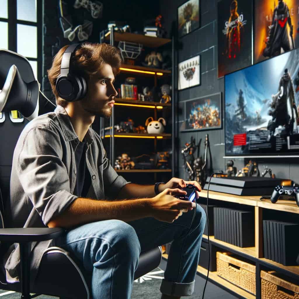 słuchawki do playstation na głowie gracza przed konsolą