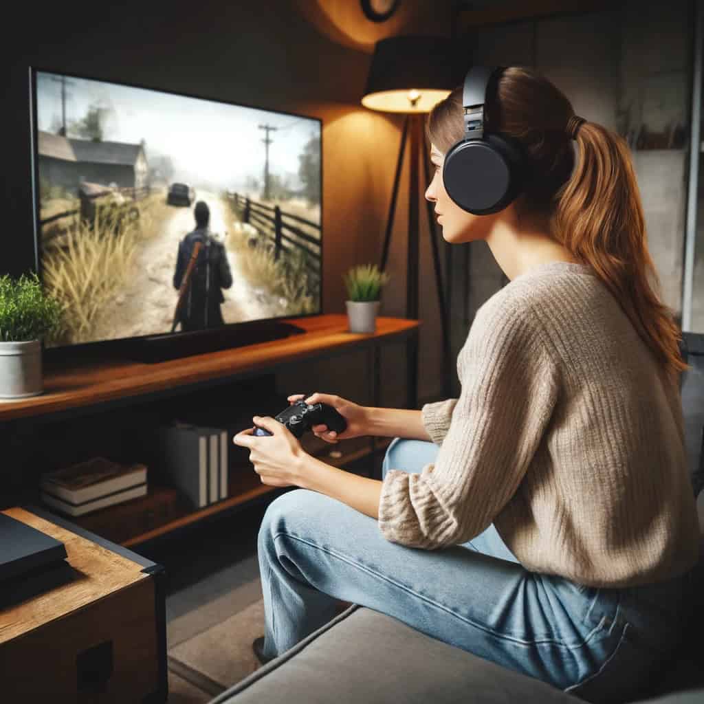 słuchawki do ps3 na głowie kobiety grającej na konsoli playstation