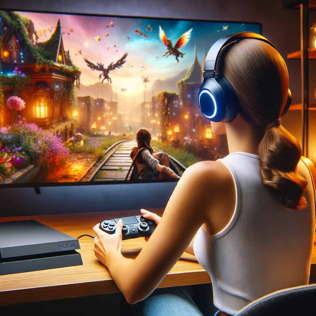 słuchawki do ps4 ranking - przykładowy model na głowie graczki