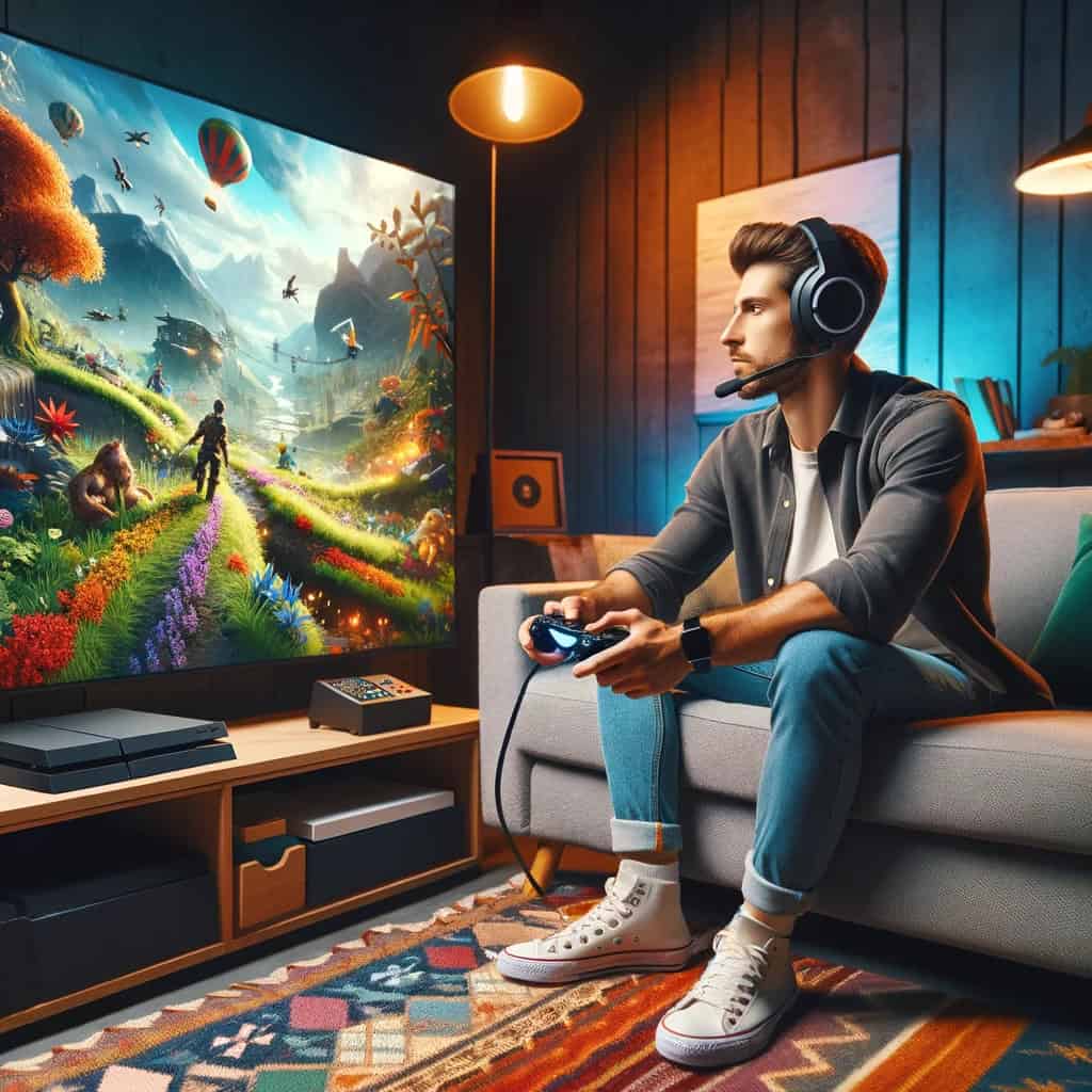 słuchawki do ps4 z mikrofonem na głowie mężczyzny grającego na konsoli