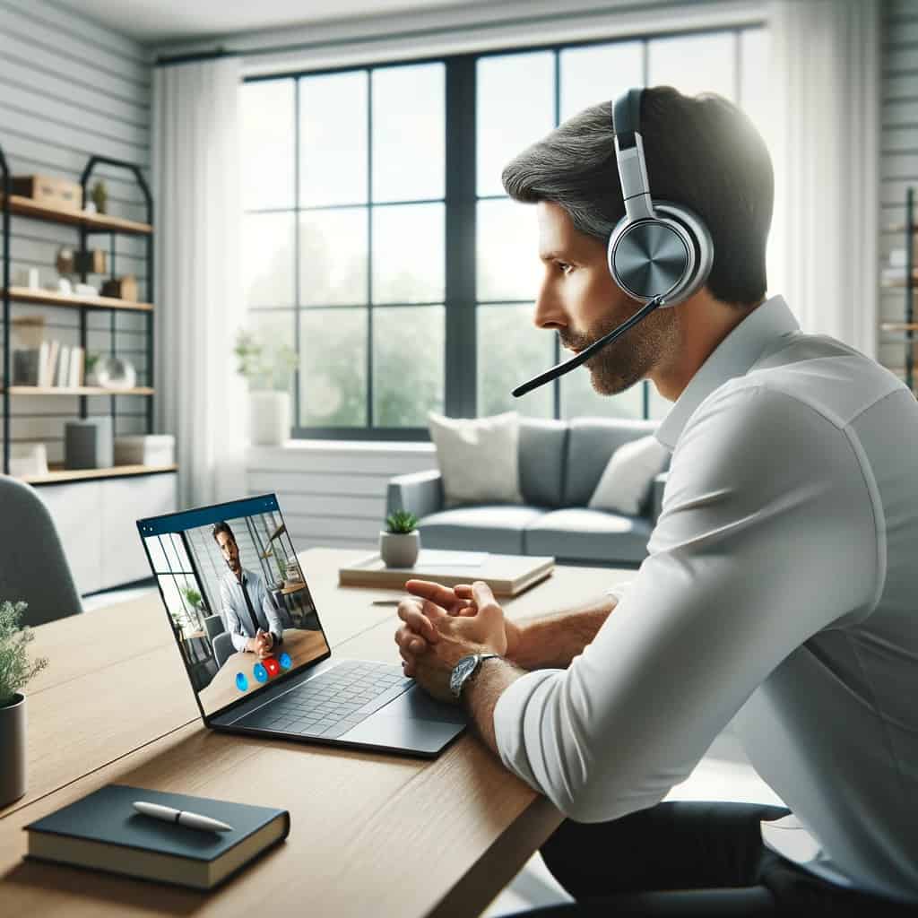 słuchawki do skype z mikrofonem na głowie mężczyzny biorącego udział w spotkaniu online