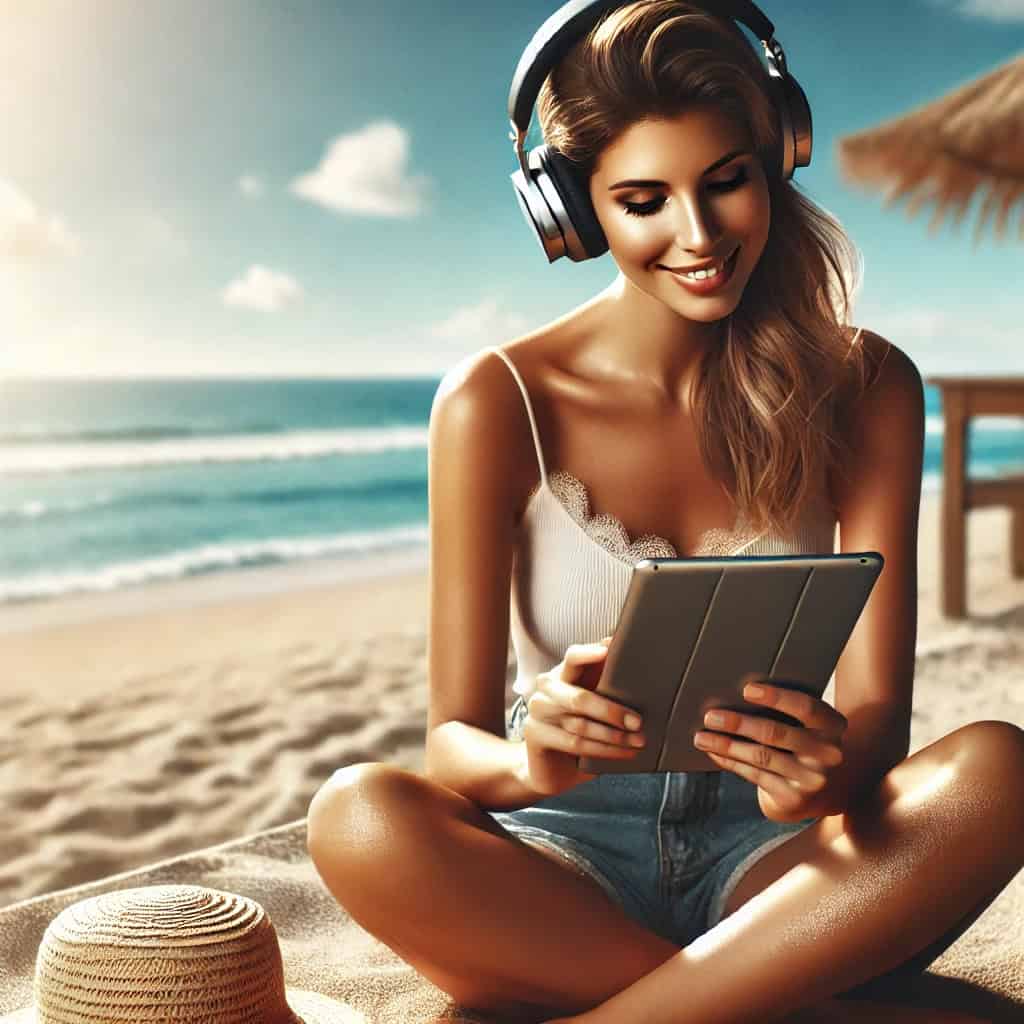 słuchawki do słuchania audiobooków na uszach kobiety siedzącej na plaży na tle morza