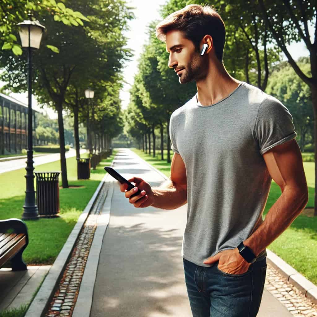 słuchawki do słuchania muzyki przez telefon w uszach mężczyzny spacerującego w parku