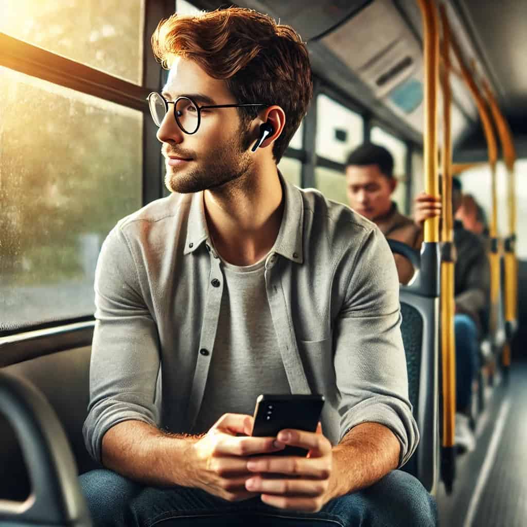 słuchawki do słuchania muzyki z telefonu ranking - przykładowy model na głowie mężczyzny jadącego autobusesm