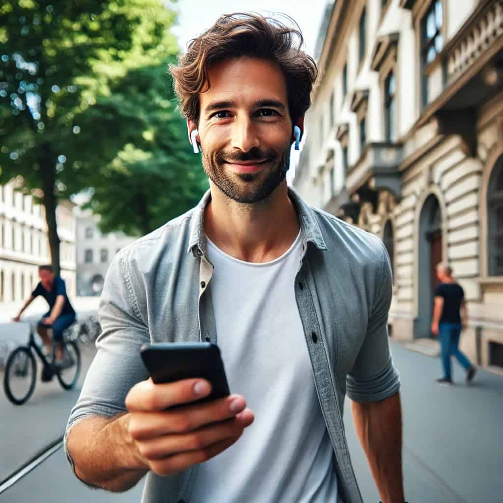 słuchawki do słuchania muzyki z telefonu w uszach spacerującego mężczyzny