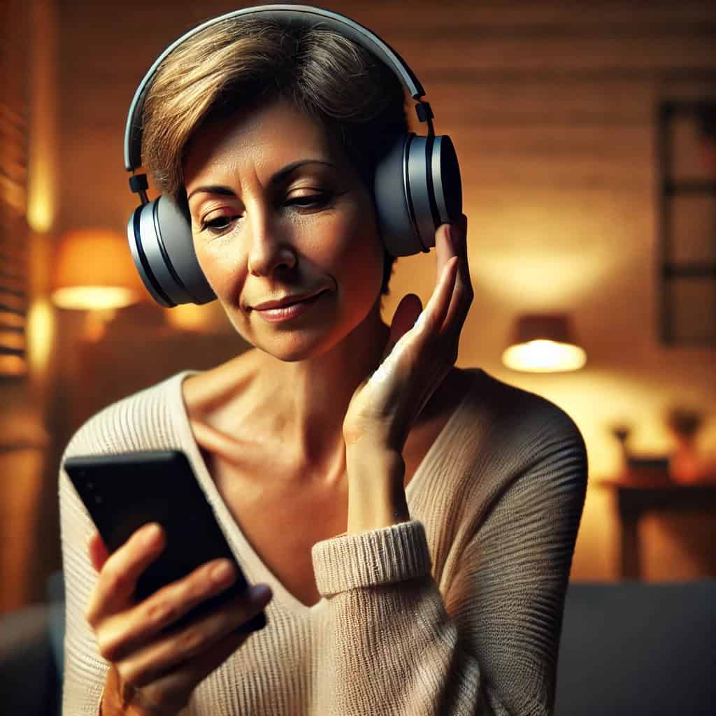 słuchawki do telefonu dla niedosłyszących na głowie kobiety patrzącej w smartfon
