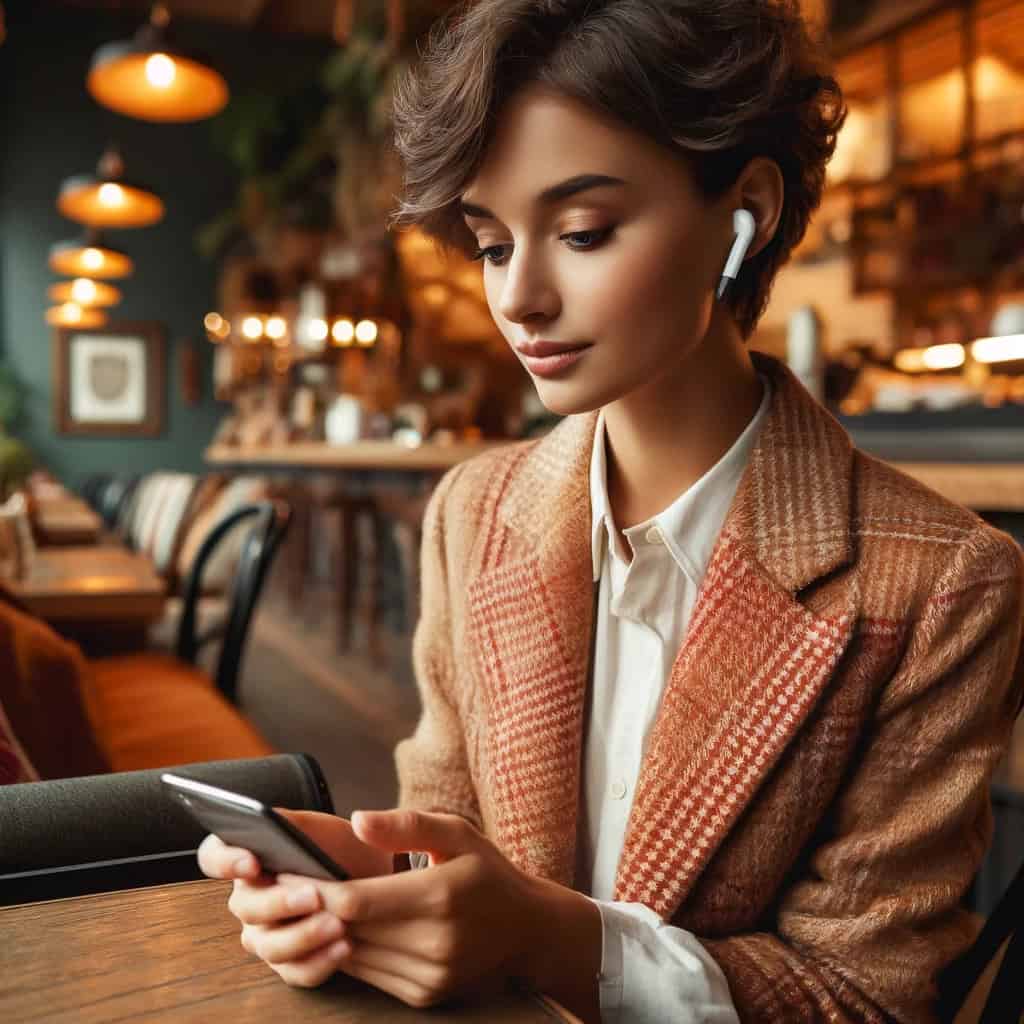 słuchawki do telefonu jakie - kobieta siedzi w restauracji w przykładowym modelu bezprzewodowym z telefonem w ręku