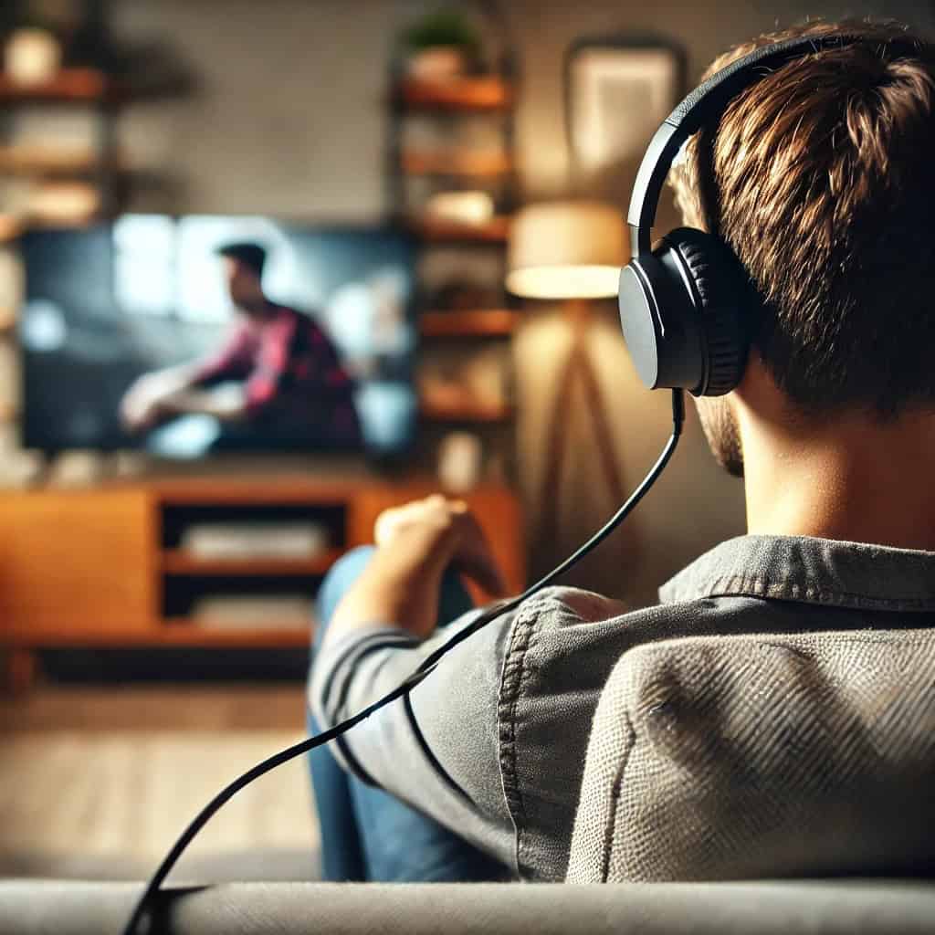 słuchawki do telewizora z długim przewodem na uszach mężczyzny, który siedzi na fotelu i ogląda film