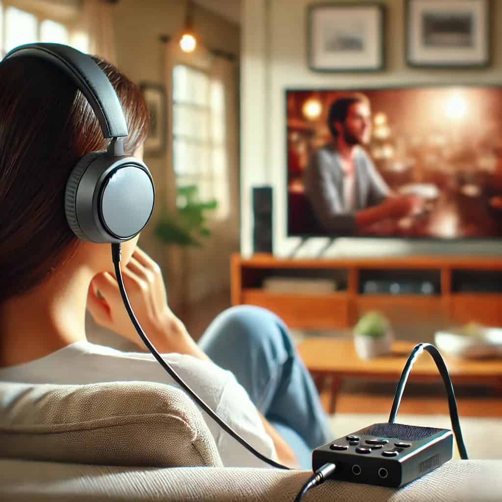 słuchawki do tv z długim przewodem na uszach kobiety, która ogląda film, siedząc na sofie