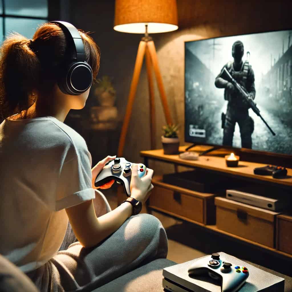 słuchawki do xbox 360 ranking - przykładowy model na głowie kobiety, która siedzi z padem na sofie, grając w grę na konsoli