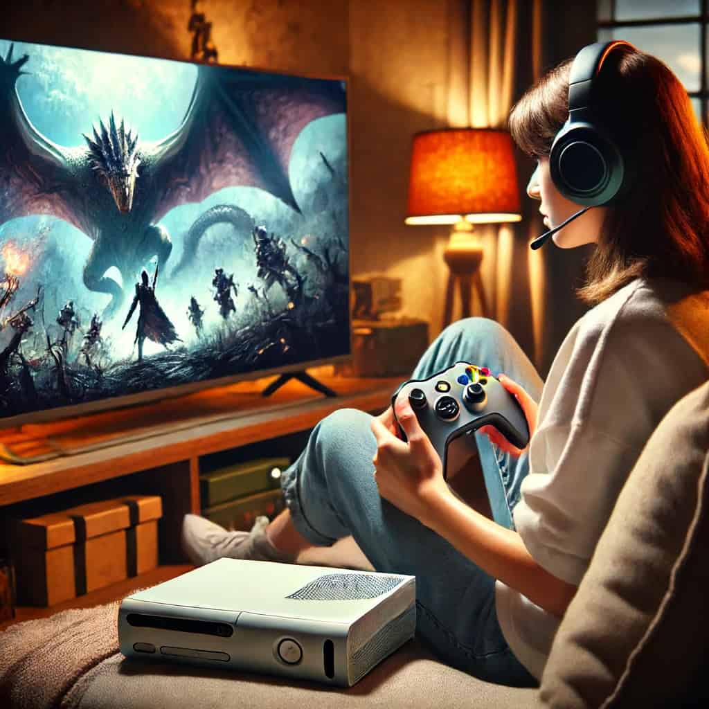 słuchawki do xbox 360 z mikrofonem na głowie kobiety, która siedzi na sofie z padem w ręku i patrzy na ekran tv z grą