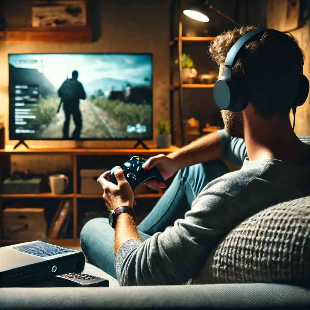 słuchawki do xbox 360 na głowie mężczyzny grającego na konsoli