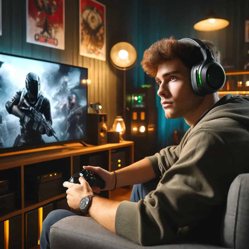 słuchawki do xbox one ranking - przykładowy model na głowie mężczyzny grającego na konsoli