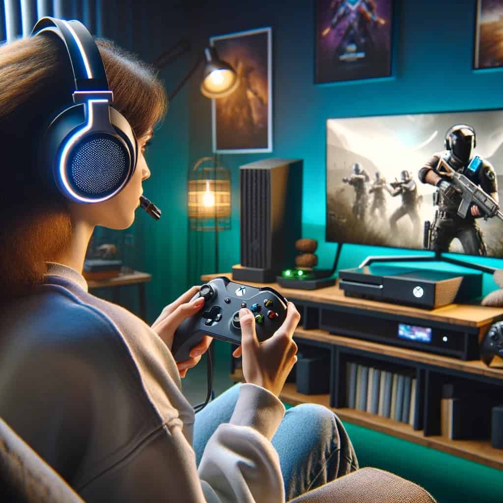 słuchawki do xbox series s na uszach dziewczyny z padem w ręku grającej na konsoli