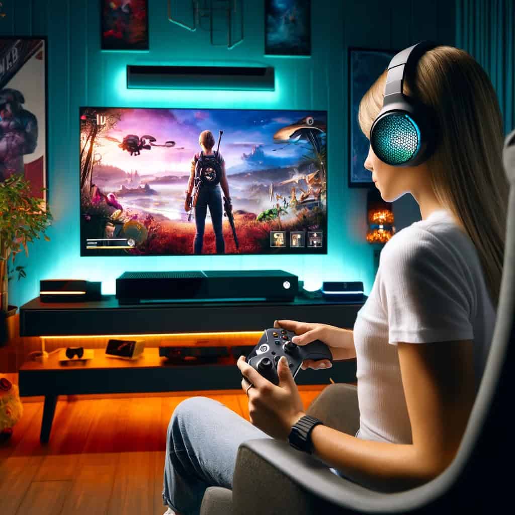 słuchawki do xbox series x ranking na głowie kobiet grającej w grę na konsoli