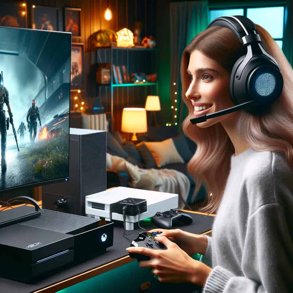 słuchawki do xbox z mikrofonem na głowie kobiety grającej w grę online na konsoli