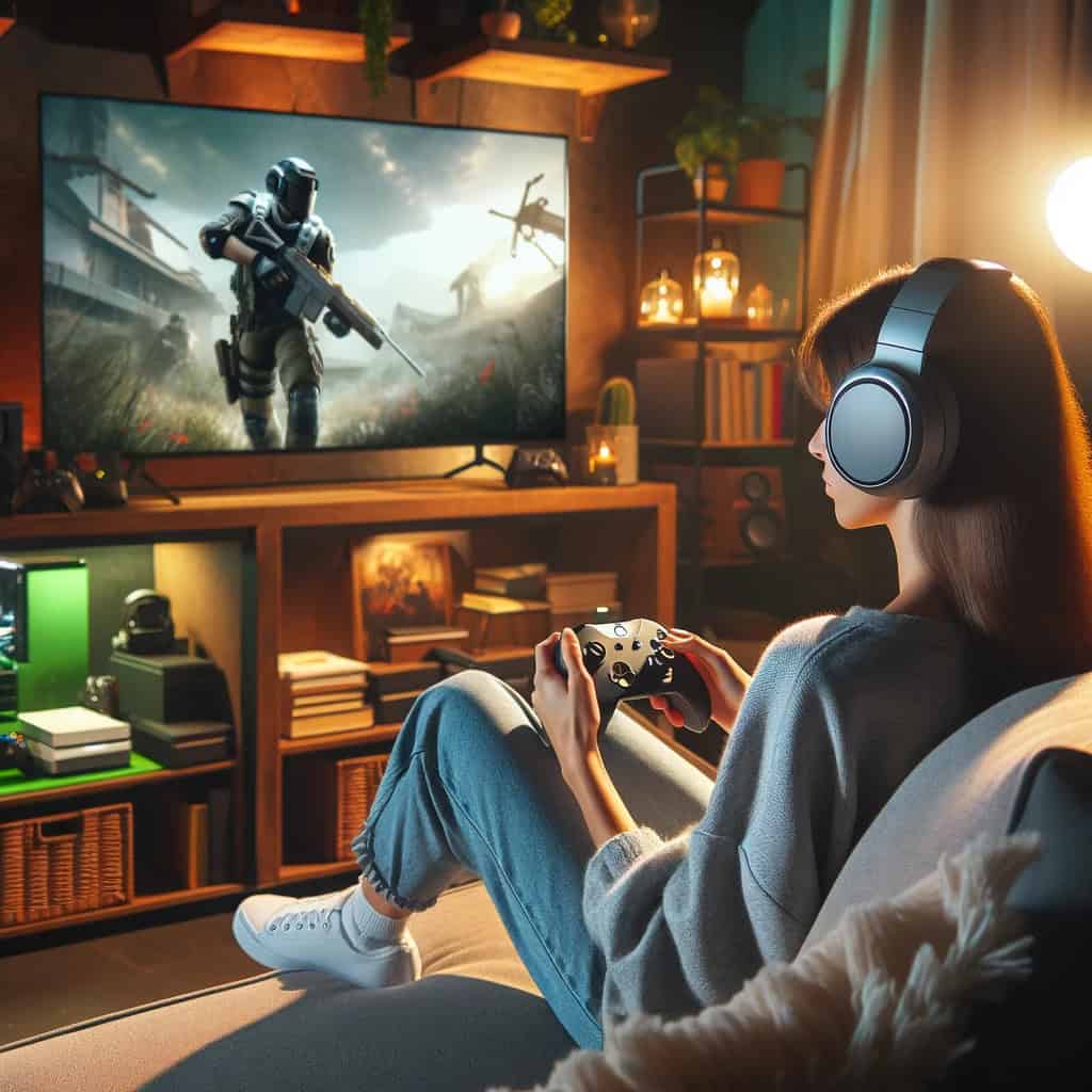 słuchawki do xbox na głowie kobiety siedzącej na sofie z padem w ręku i grającej na konsoli