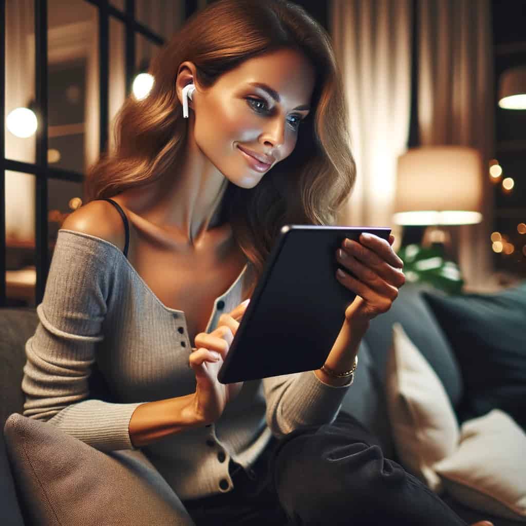 słuchawki dokanałowe do 1000 zł ranking - przykładowy model w uszach kobiety z tabletem